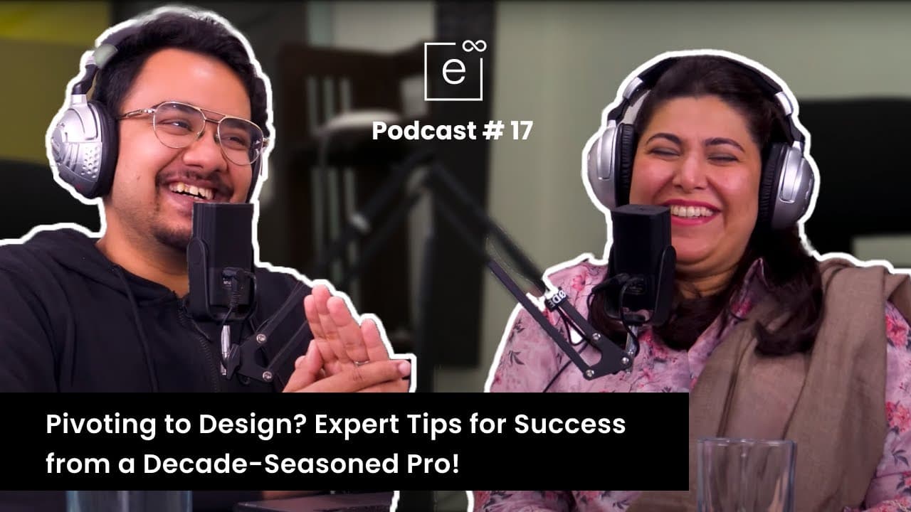 Podcast episode thumbnail: two hosts in headphones laughing at studio microphones — “Pivoting to Design? Expert Tips for Success from a Decade-Seasoned Pro!”