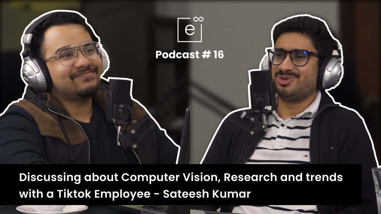 Podcast episode thumbnail: two guests in conversation at studio microphones — “Discussing Computer Vision, Research and Trends with a TikTok Employee”