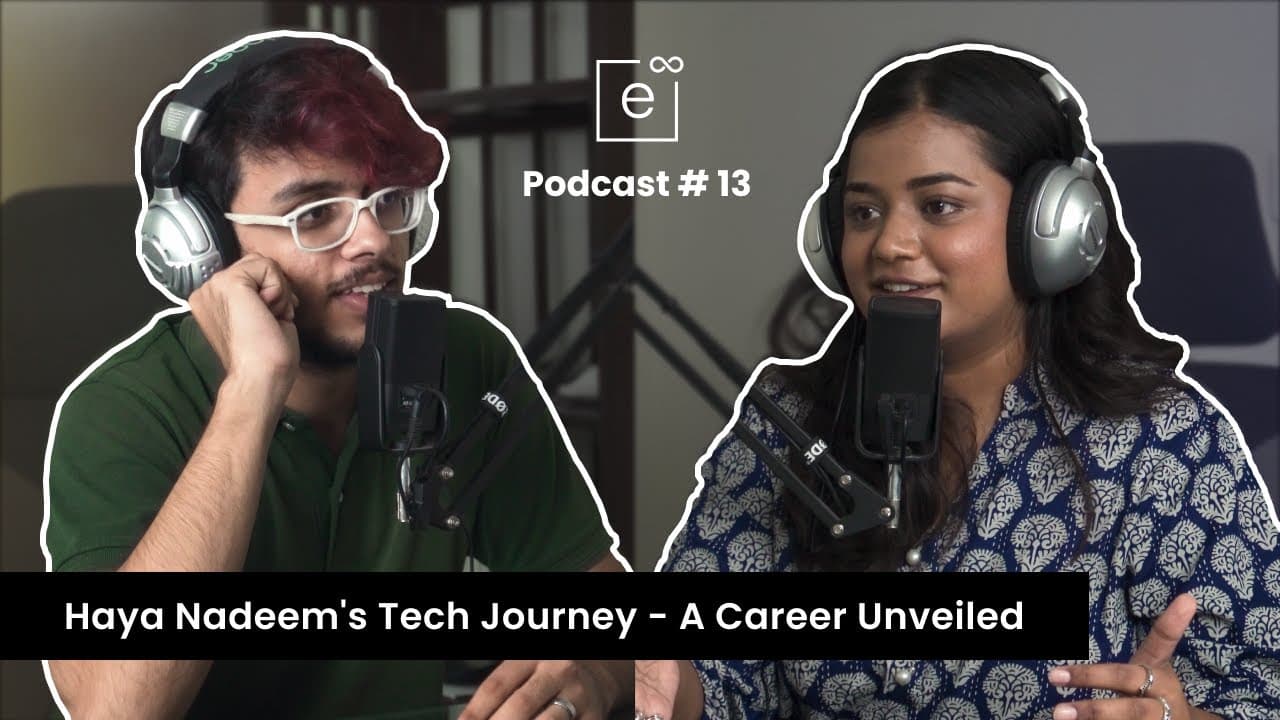 Podcast episode thumbnail: host and guest recording in the studio — “Haya Nadeem’s Tech Journey – A Career Unveiled”