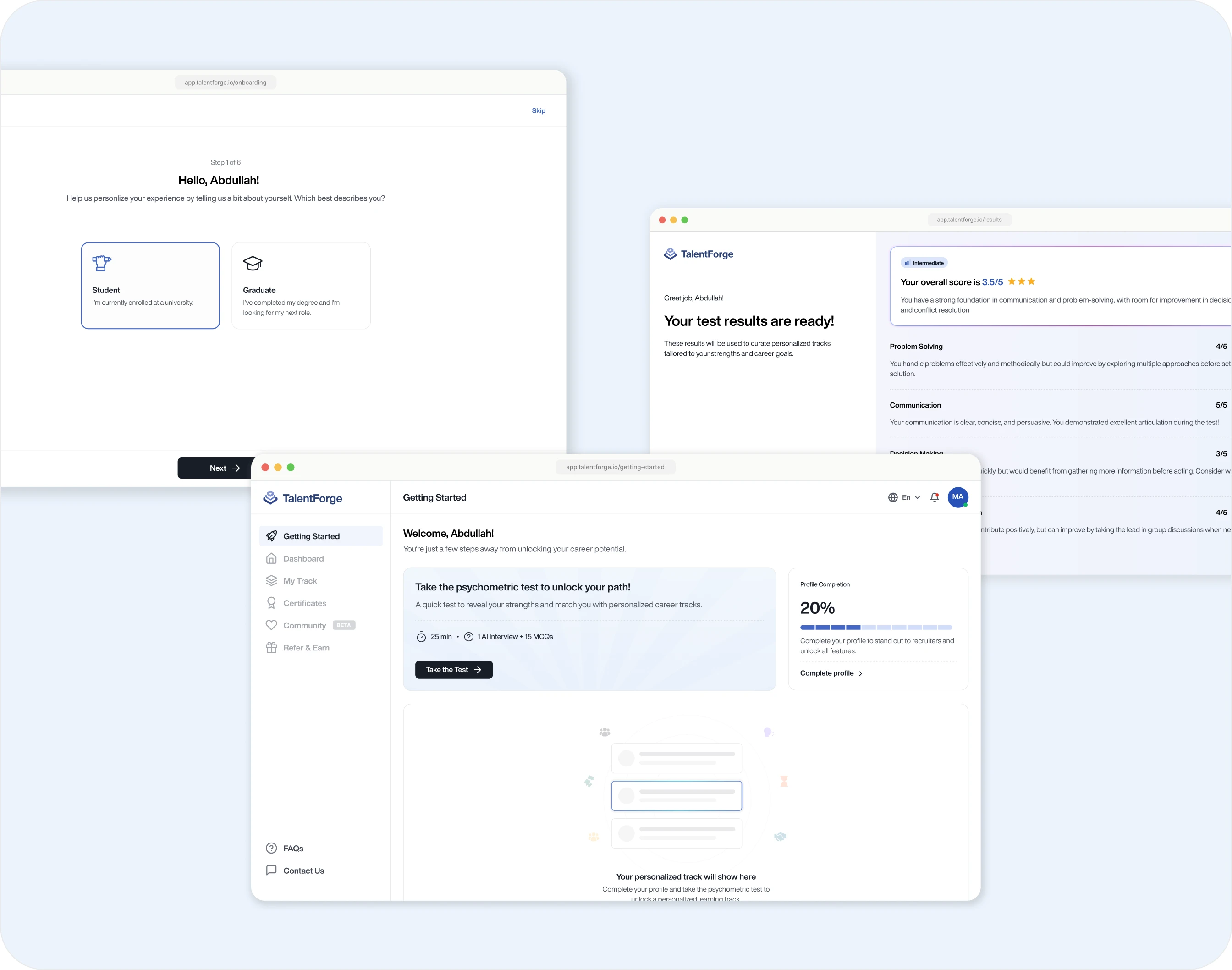 Overlapping trio of TalentForge onboarding screens: an experience-survey step, a test-results summary with category scores, and the Getting Started dashboard with a psychometric-test prompt.